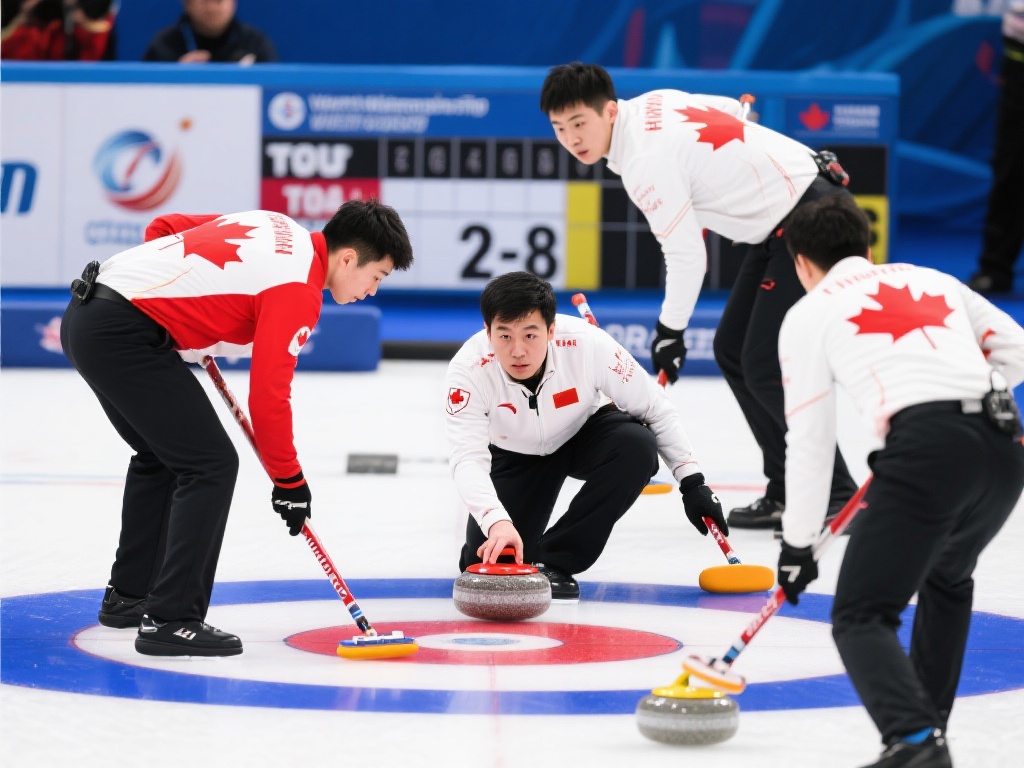 在冰壶世锦赛的赛场上，中国男队与加拿大队
